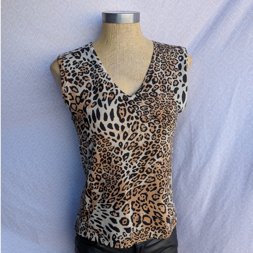 George Knit Tank Top Womens Large Brown Leopard Silk Blend V-Neck Excellent